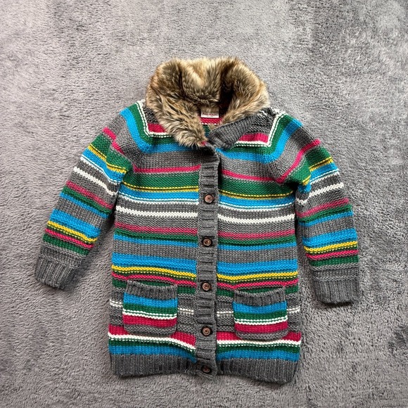 Hanna Andersson Other - Hanna Andersson 130 Kids Striped Cardigan Faux Fur Collar Wool Blend Jacket